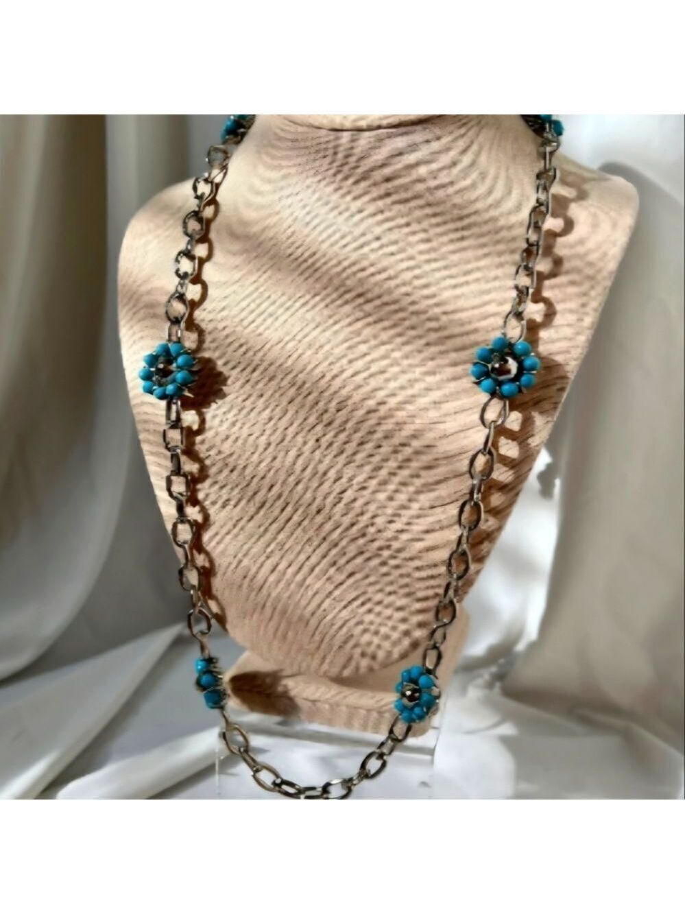 Vtg Turquoise 90s Floral Silver Tone Blue Bead Flower Long Chain Necklace 37"